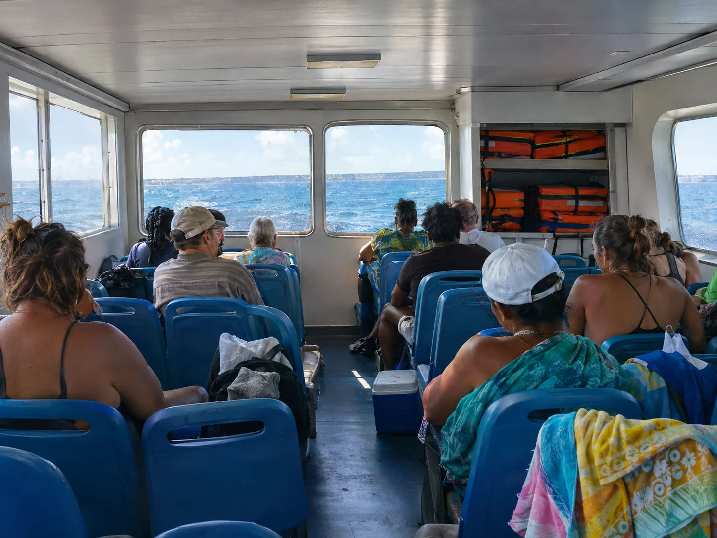 Dentro de la cabina de pasajeros del ferry en el trayecto, toallas y neveras en las rodillas, todos rumbo a la misma isla