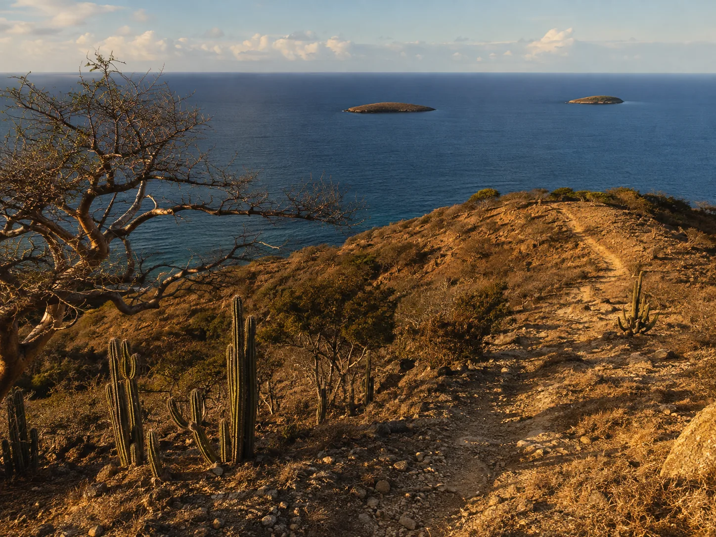 Una colina de cactus marrón sobre aguas azul profundo, dos cayos en alta mar