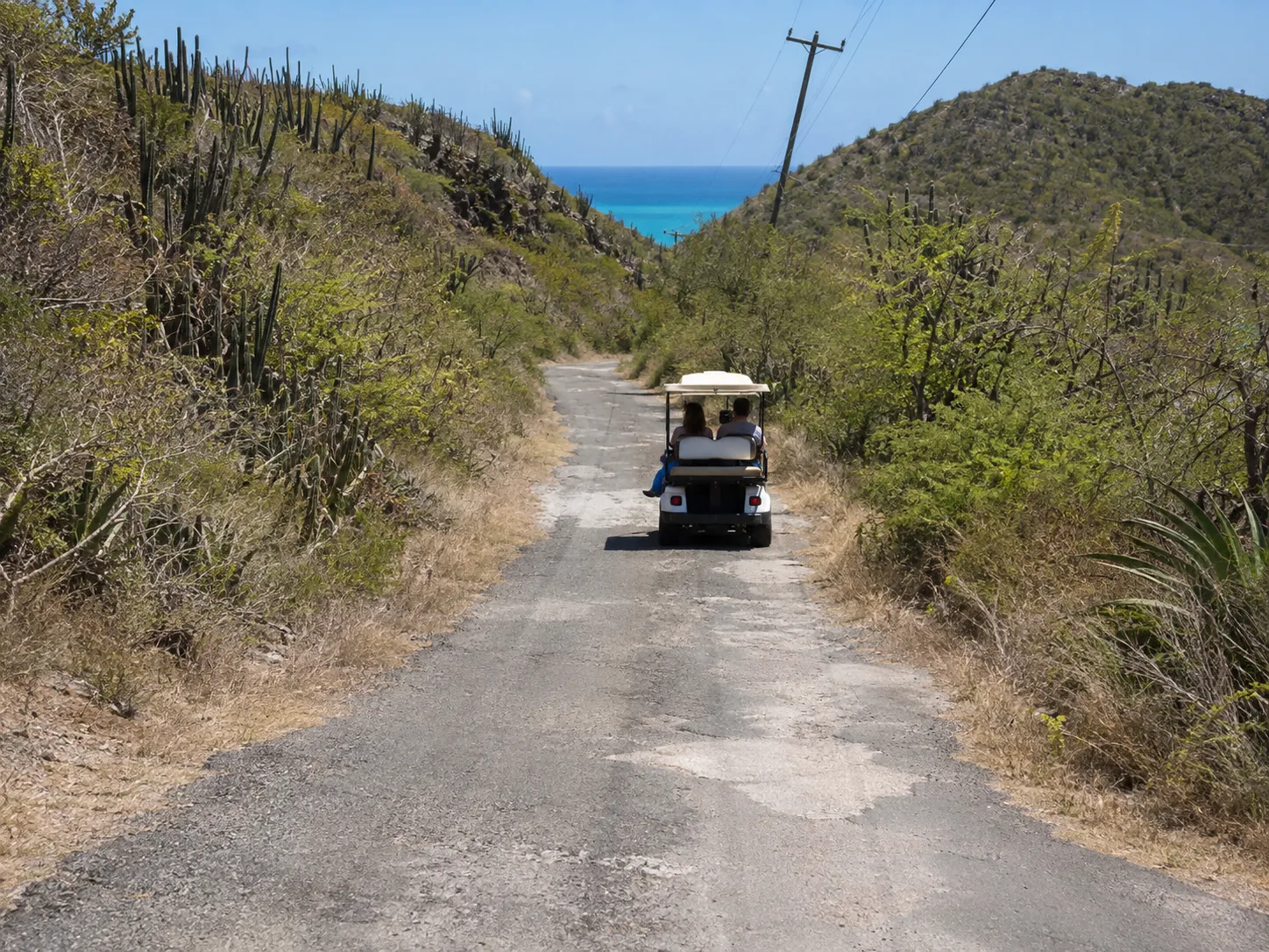 Un camino de un solo carril, parchado, sobre una colina de cactus, un carrito de golf alejándose, mar abierto más allá de la cresta