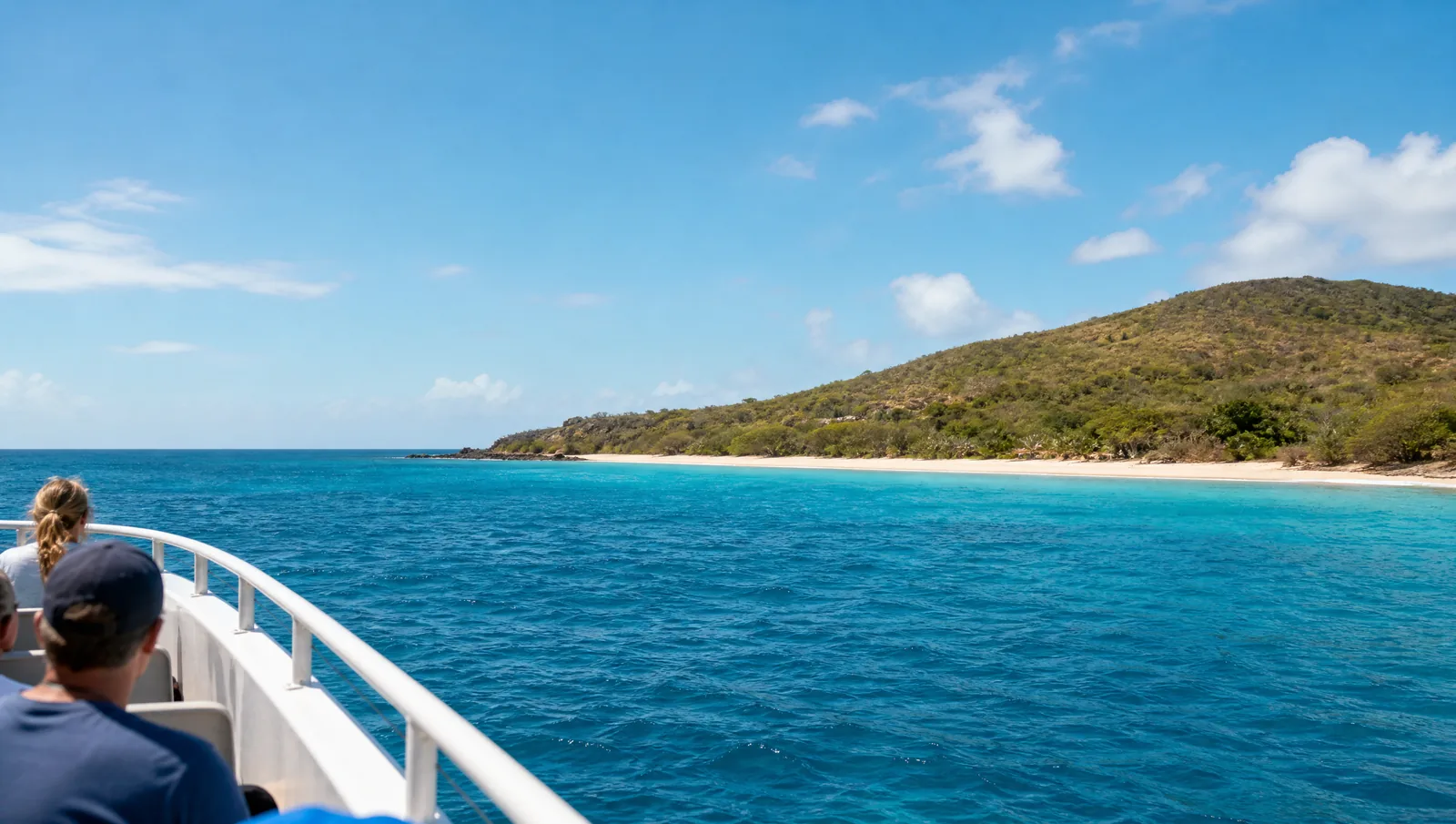Por la barandilla en el trayecto: una isla verde baja y una franja pálida de arena al frente